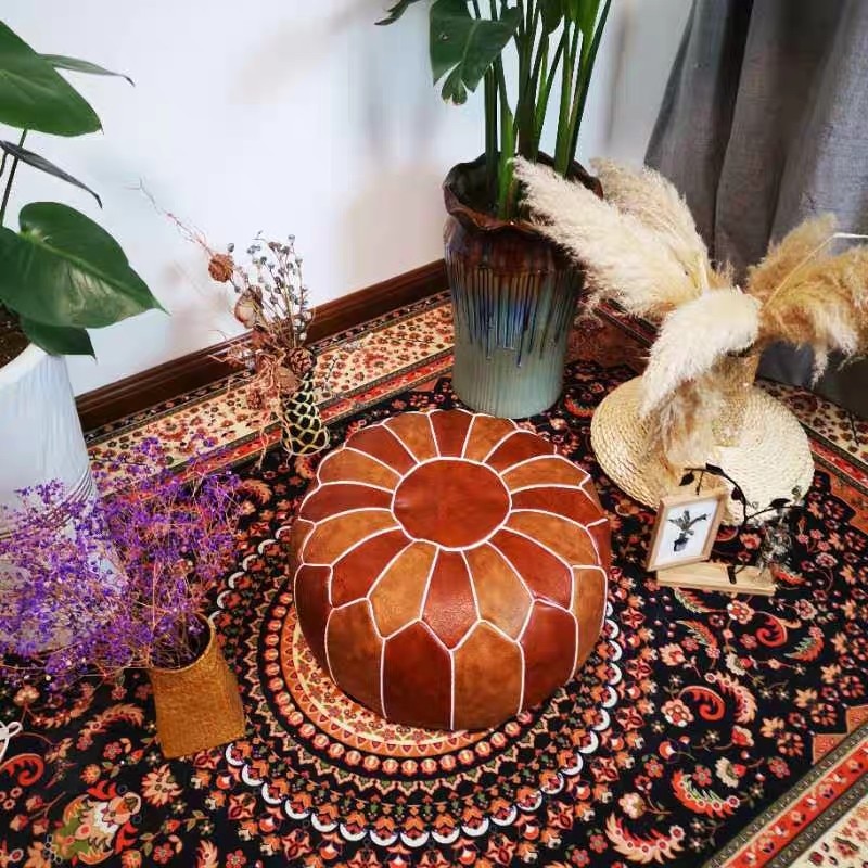Pouf en cuir PU marocain, coussin non rembourré, repose-pieds, broderie artisanale, Pouf rond et grand, 50*50*25cm