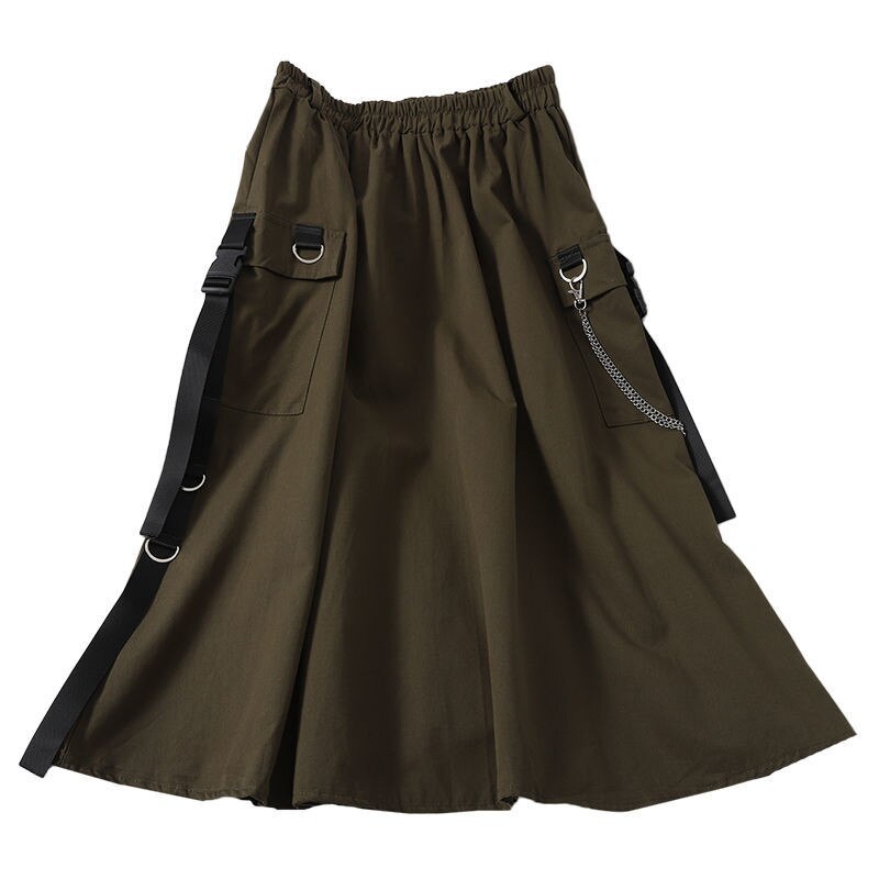 Falda larga de cintura alta para mujer, falda negra con bolsillos laterales y cadena, estilo coreano, ropa informal estilo Hip Hop Harajuku de talla grande: Verde militar