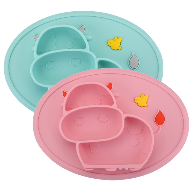 Qshare 4 stk ko baby spiseplade børn mad foderskål anti-fald retter spædbarn silikone suge bordservice: 1 grøn og 1 lyserød