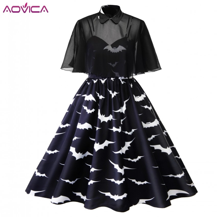 4xl 3xl plus size halloween flagermus print gotisk kjole kvinder punk festkjoler bowknot selv gotisk kjole tøj swing vestidos