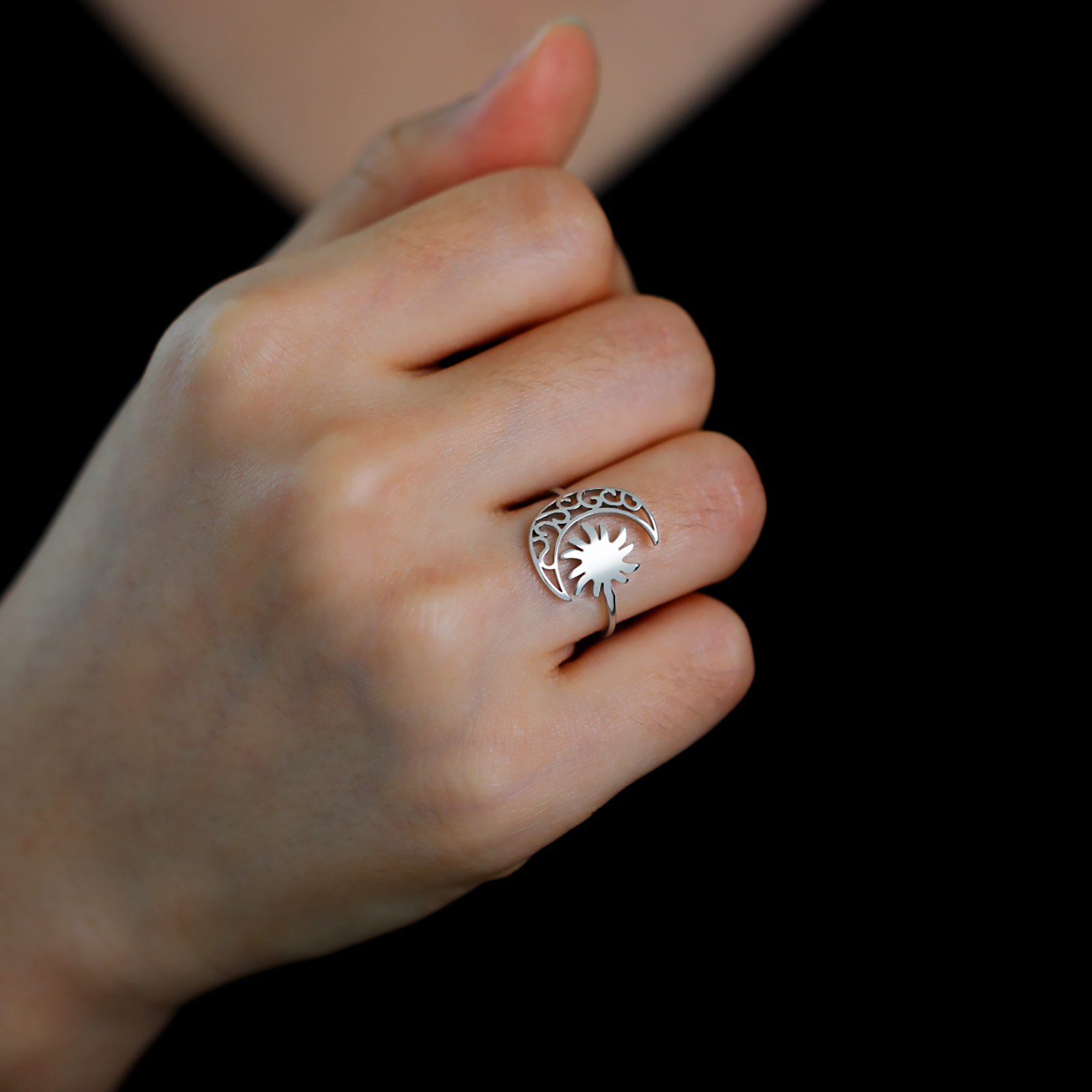 Skyrim-Anillo de sol con forma de luna creciente para mujer, anillos abiertos de acero inoxidable, joyería bohemia de , de cumpleaños,
