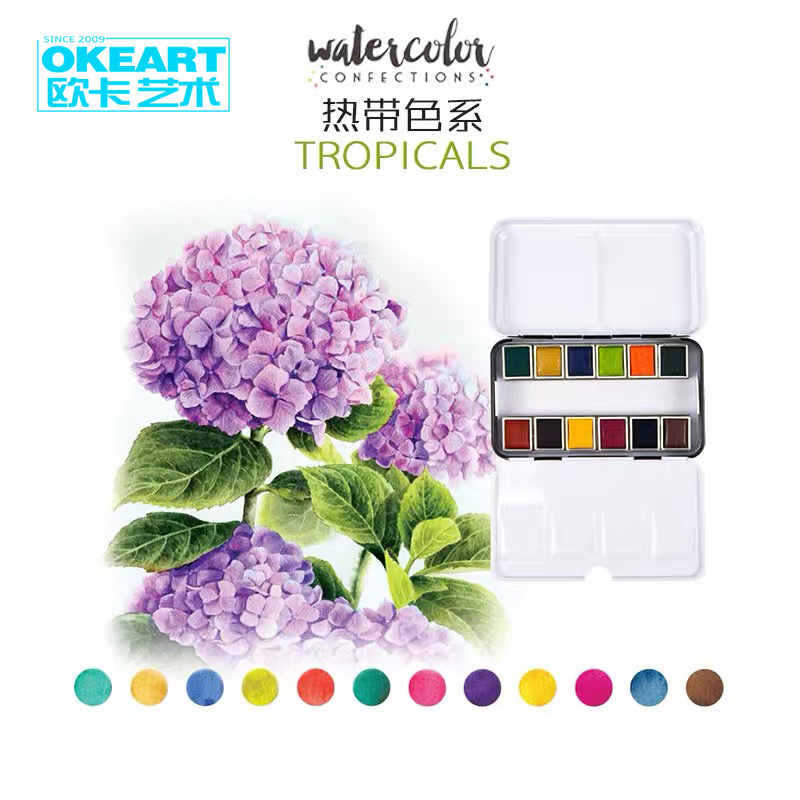 Prima de Marketing pigmento sólido de acuarela 12 plancha de colores caja portátil acuarela pintado a mano pintura fresca ilustración a mano: tropicals