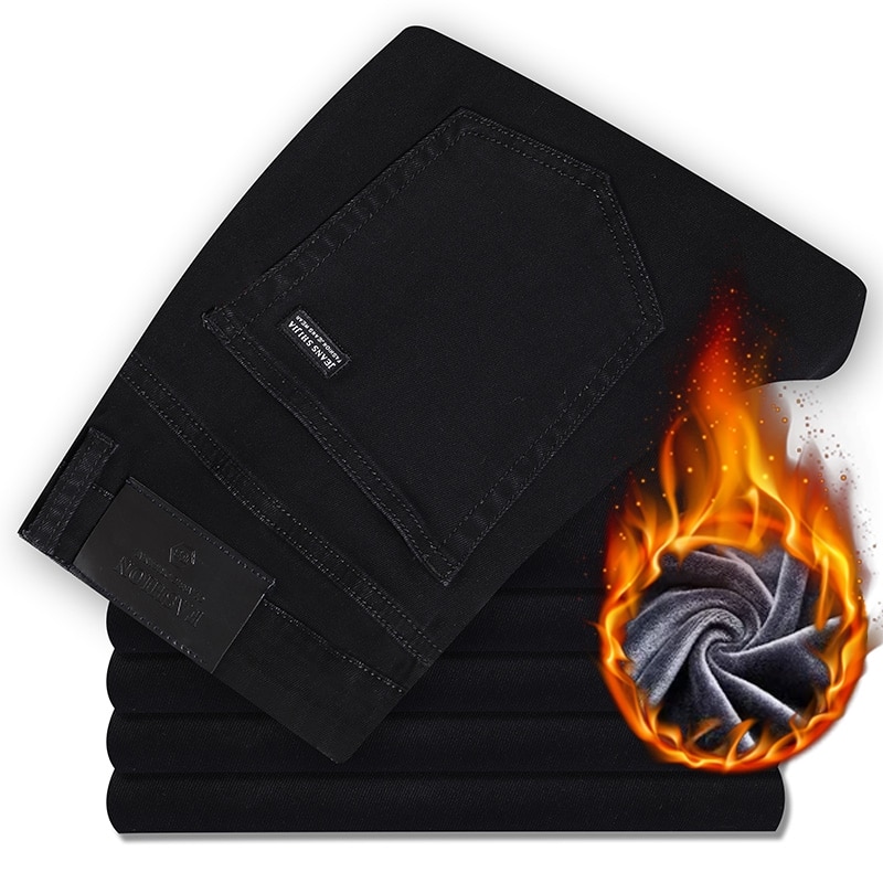 Black plus velvet men's business casual jeans Classic loose soft cotton trousers winter Warm pants