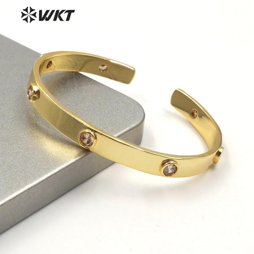 WKT Cuff Bracelet Women - Gold Color 7mm Wide - Round Cubic Zirconia - Engagement, Anniversary, Wedding, Party: C