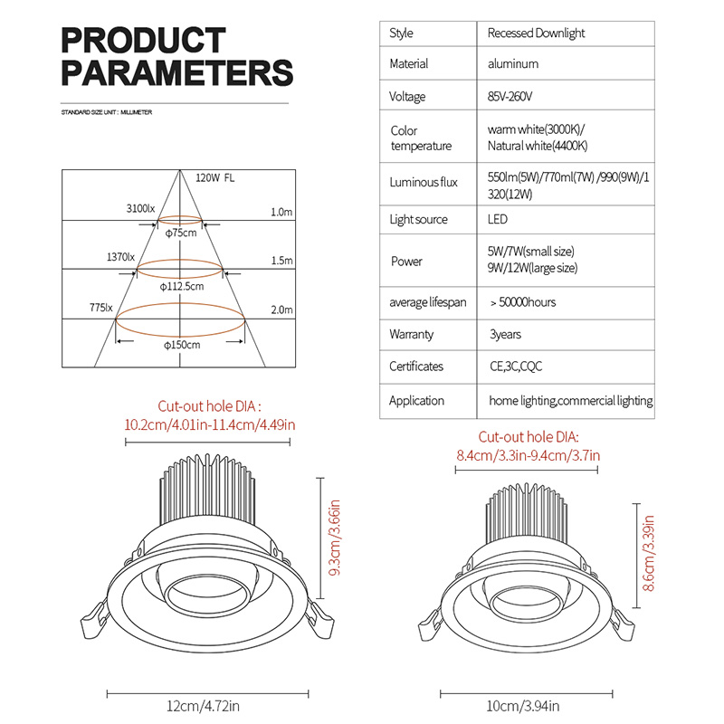 Aisilan forsænket led downlight vinkel justerbar indbygget led spot lys indstøbbar  ac90-260v hvid 7w til indendørs belysning