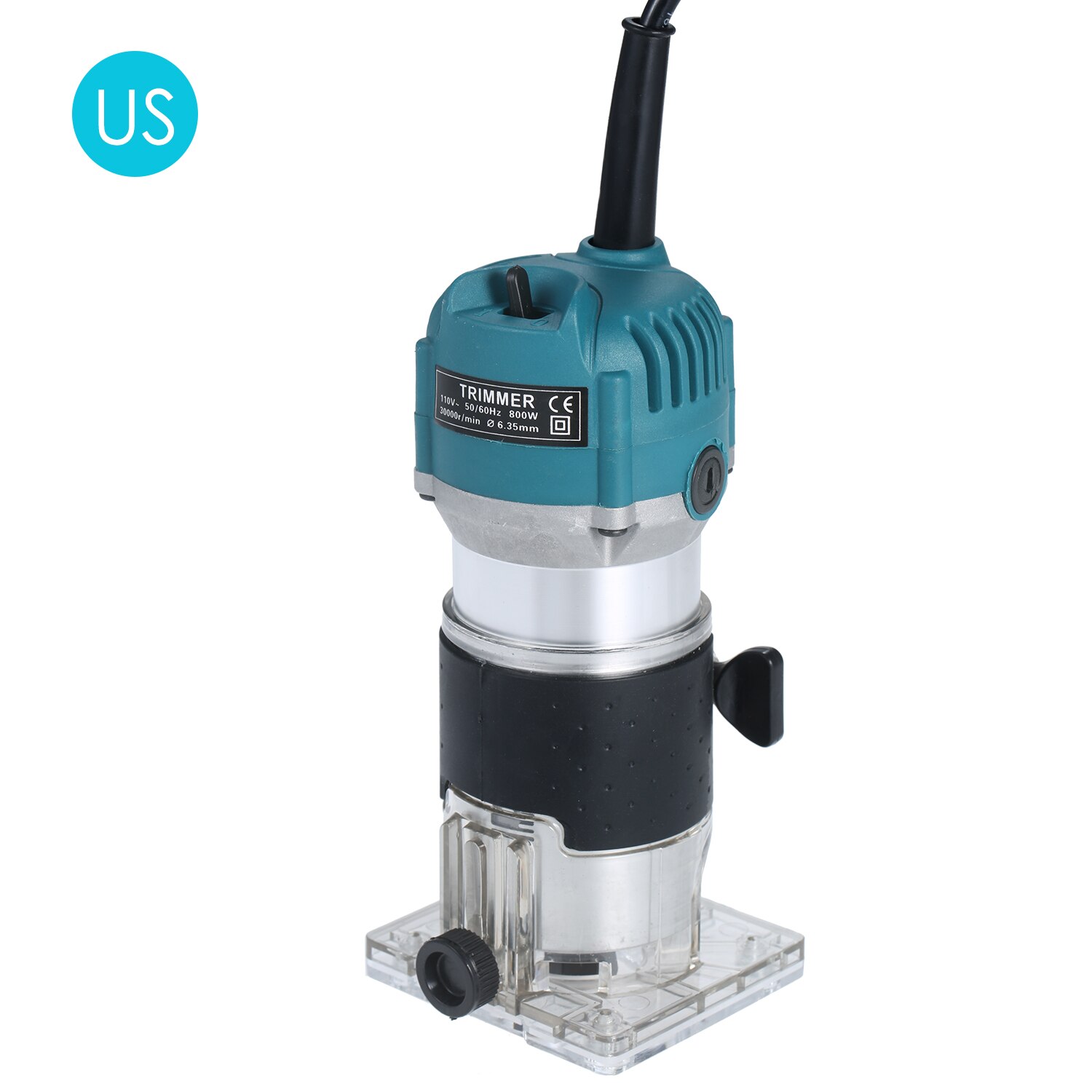 800W Woodworking Electric Trimmer Wood Milling with Base Edge Guide Laminate Electric Trimmer 30000r/min Compact Palm Router: US plug with Carton