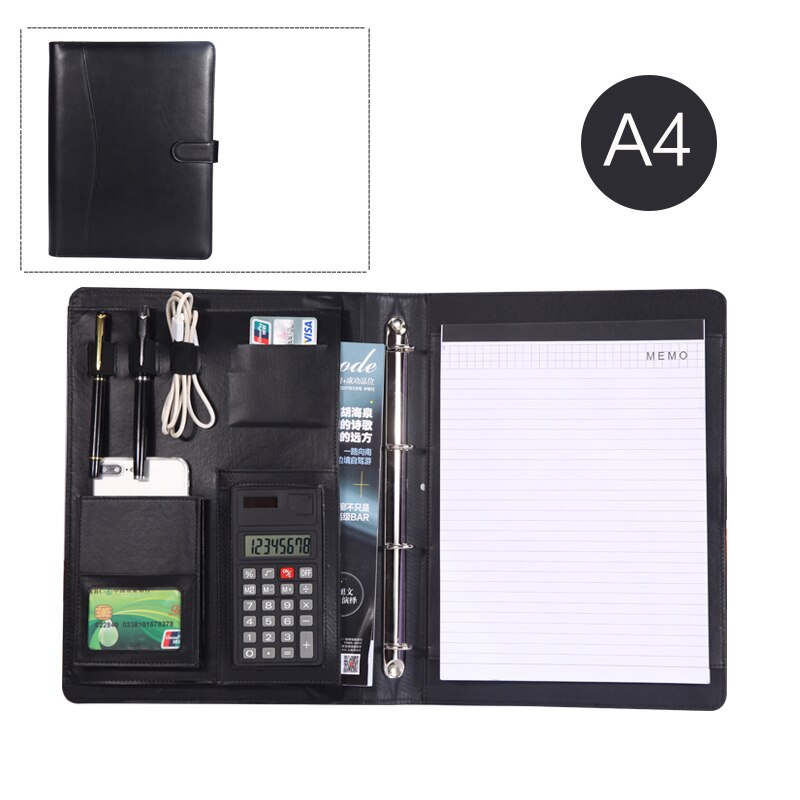 PU artificial leather folder ring binder a4 portfolio for documents padfolio briefcase with notebook cellphone holder 1210C: black B style