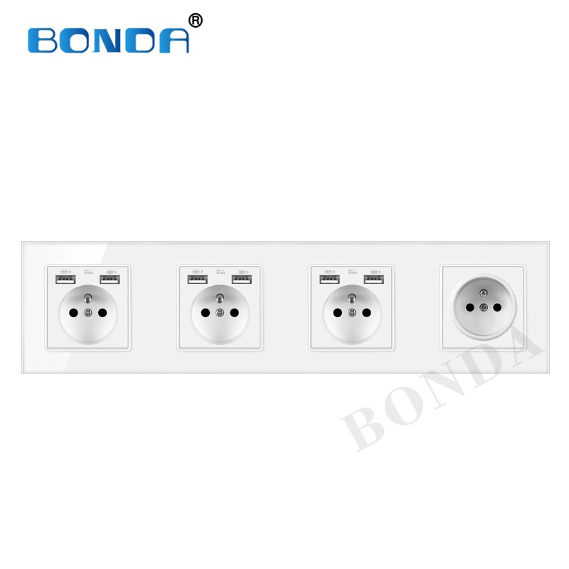BONDA Multi-connection French standard wall socket, 16A USB tempered glass panel, multi-connection socket combination AC110-240V: 514 WHITE USB03-01