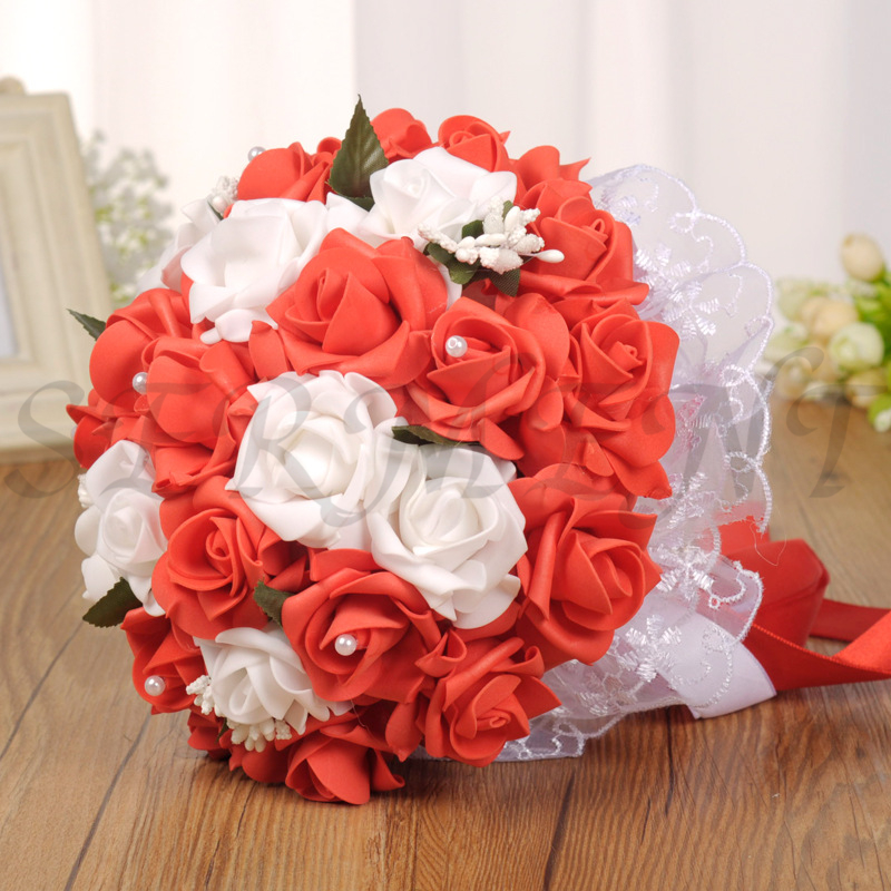 Ramos de novia de flores Artificiales, accesorios de boda, Blanco, Morado, AZUL CIAN, 9,8 pulgadas: Rojo
