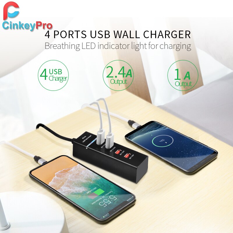 CinkeyPro 4-Ports USB Charger with LED Light Table Adapter Mobile Phone Fast Charging for iPhone iPad Samsung Universal