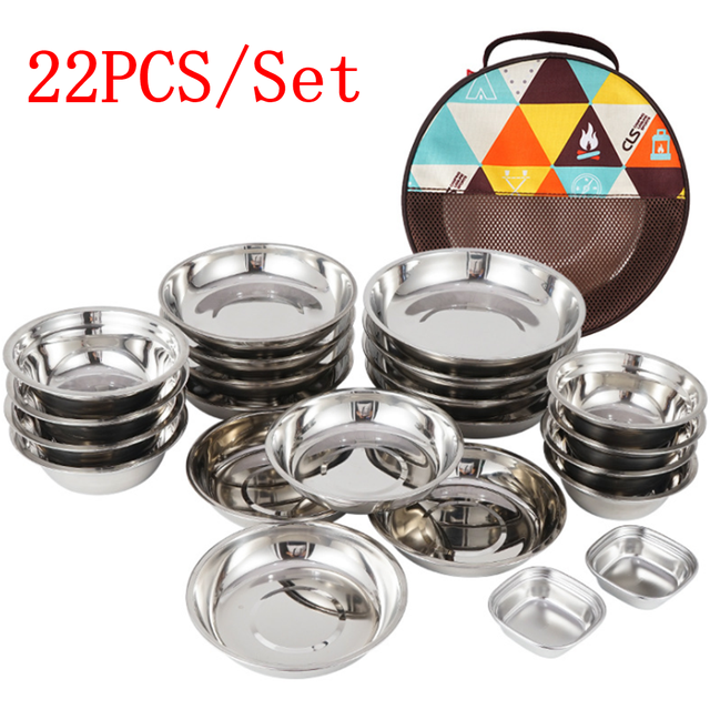 Ensemble de bols de Camping en acier inoxydable, 22 pièces/ensemble, vaisselle de pique-nique Durable en plein air, saladier, récipient de nourriture voyage: 22PCS Set