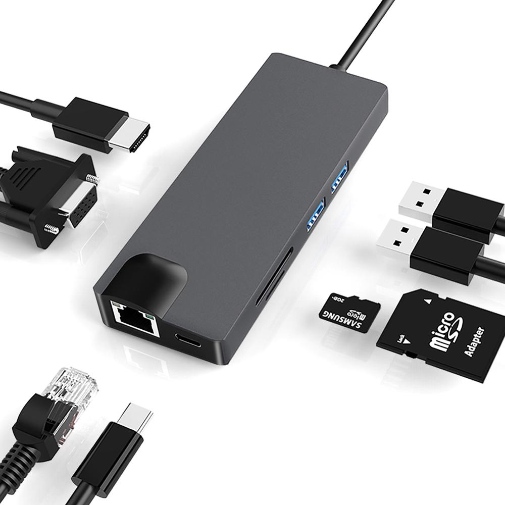 Vmade USB HUB 8 in 1 Thunderbolt 3 Type C Adapter Dock USB 3.0 Port +RJ45+4K HDMI For Macbook Pro PC: Default Title