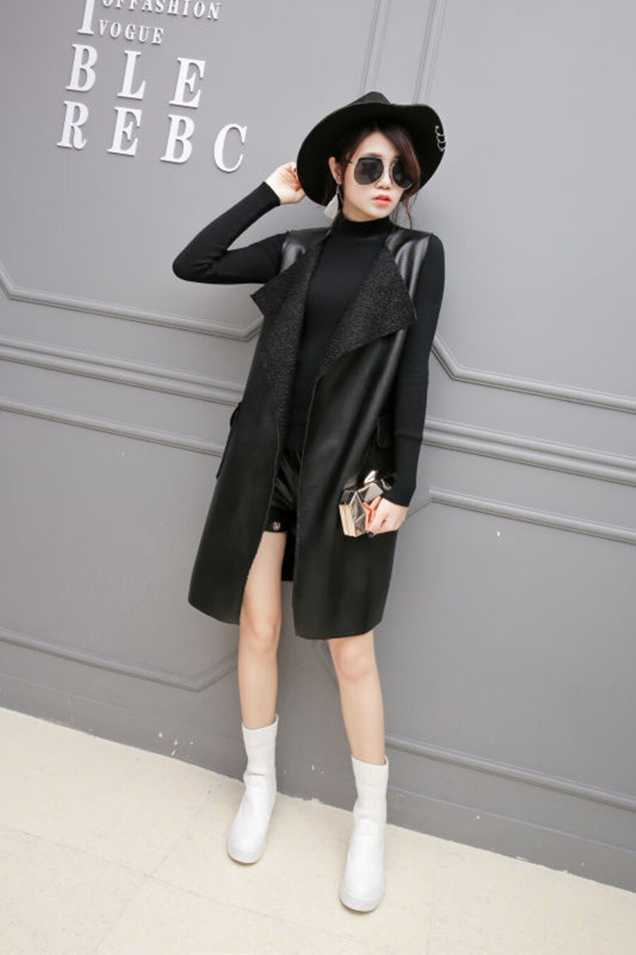 Chaleco largo negro para mujer, chaqueta sin mangas de PU sólido, prendas de vestir informales, primavera y otoño: M