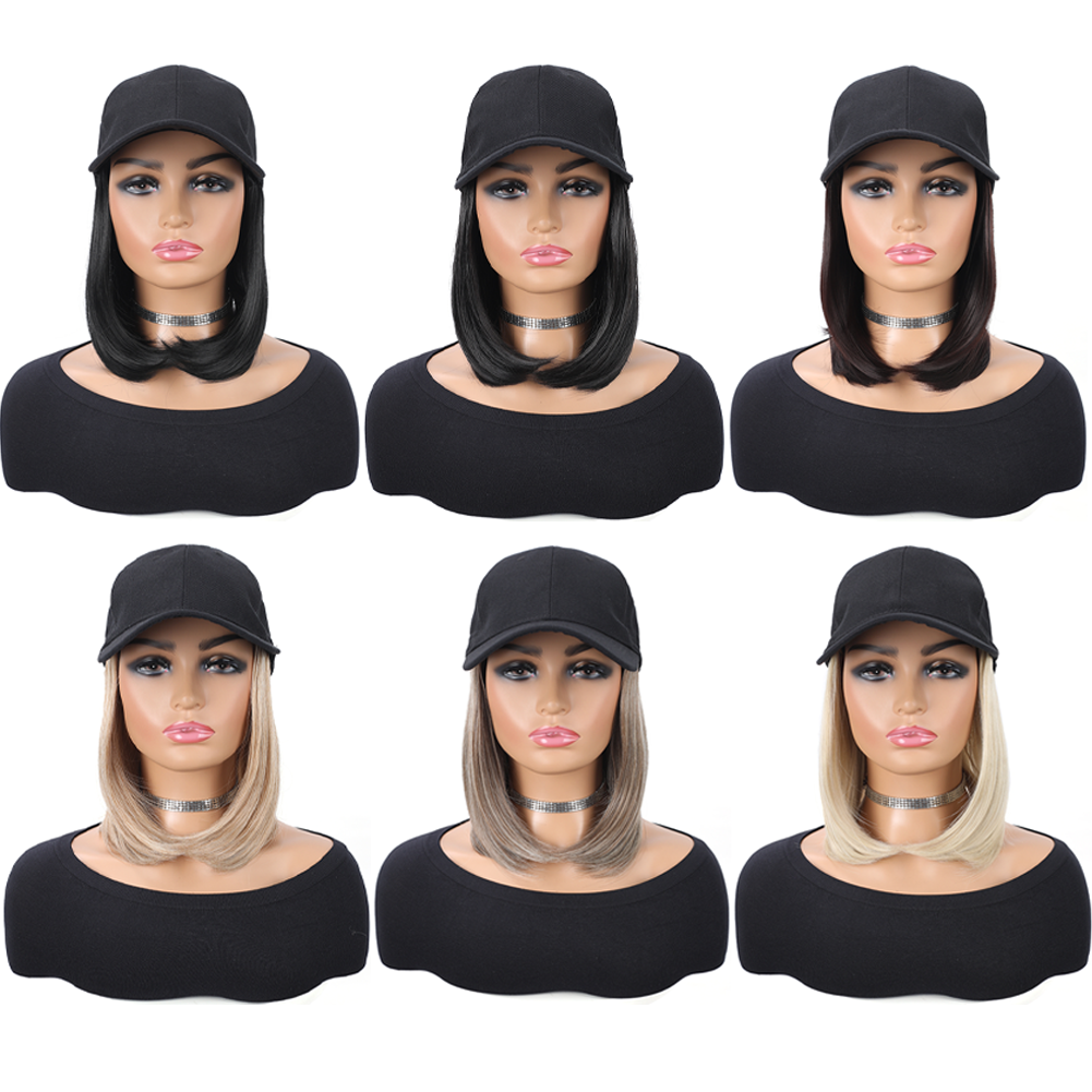 Gorra de béisbol con extensiones de cabello sintético, peinado Bob corto liso, peluca extraíble ajustable, sombrero de 10 pulgadas para mujer y niña