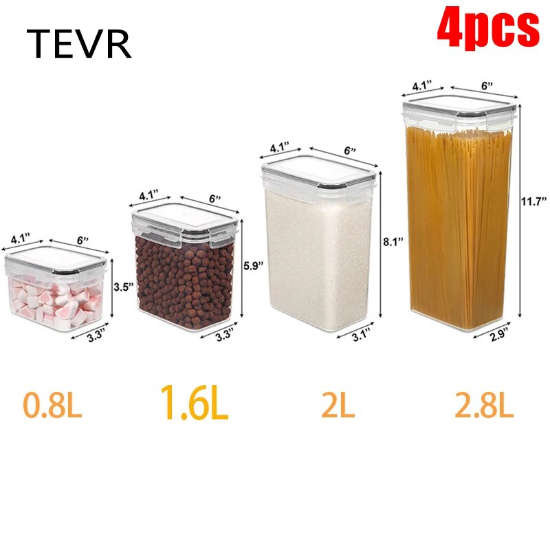 Kitchen Storage Food Storage Containers Jars for Bulk Cereals Plastic Transparent Sealed Cans for Flour Sugar Oatmeal Spices: 4pcs