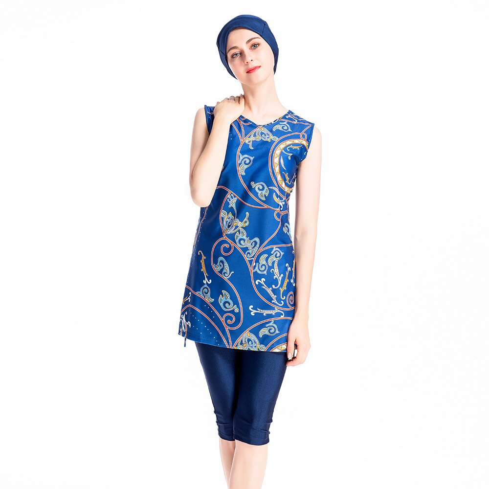 YONGSEN Newest Burkinis Muslim Women Modest Swimwear Islamic Short Sleeve Plus Size Hijab 3 Piece Full Cover Swimsuit Beachwear: Blue / M