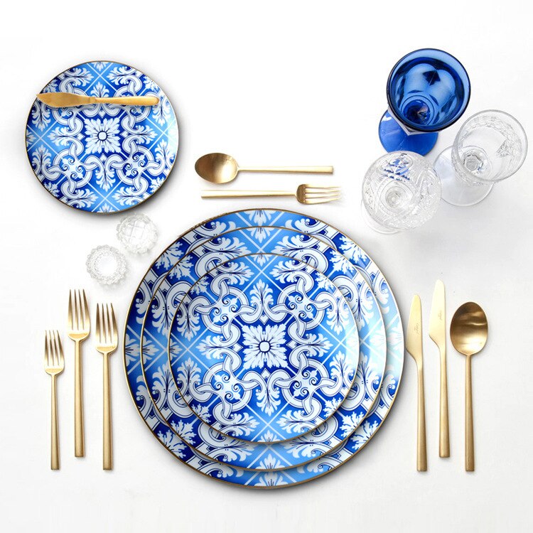 Four-piece set of ceramic tableware European-style blue-and-white Phnom Penh bone China dinner plate wedding household