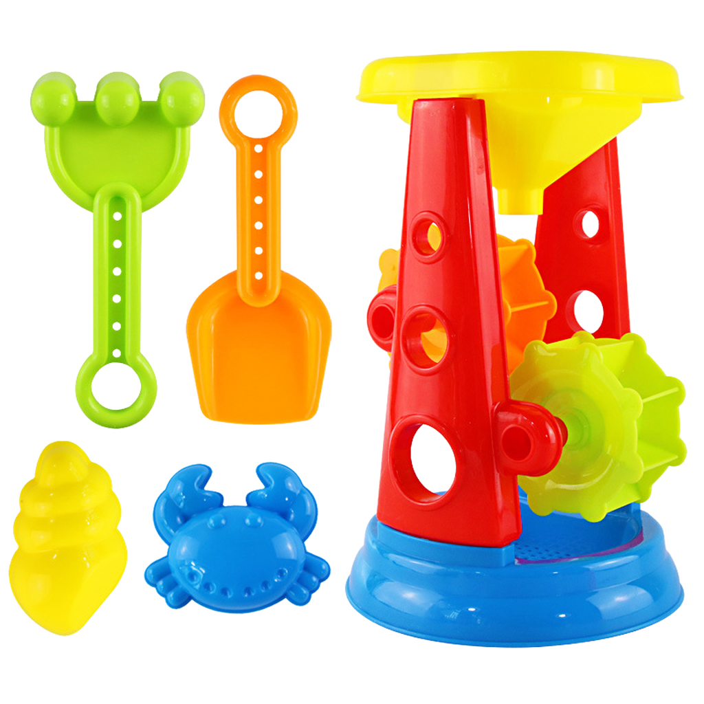 Kids Beach Sand Toy Set (5Pcs/Set) with Water Wheel, Shovel, Rake, Molds (Random Color)