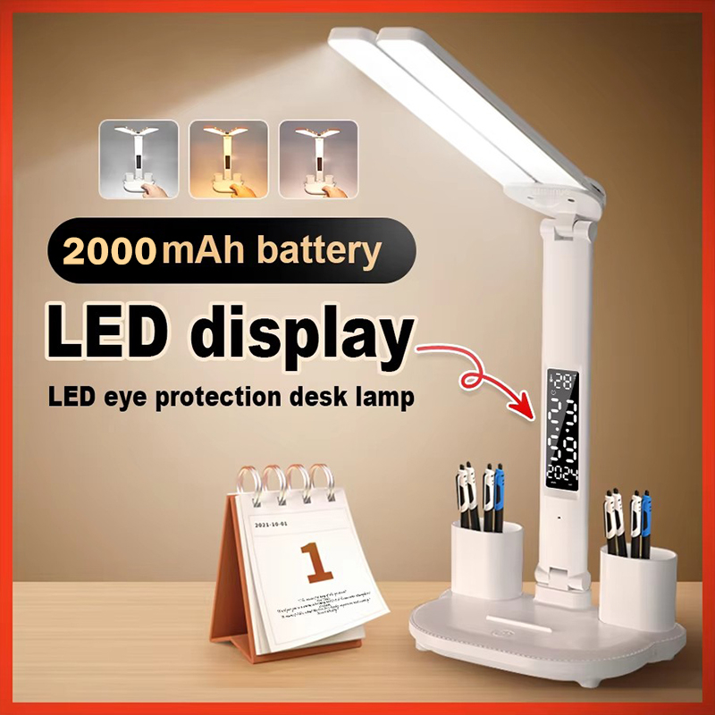 ledet-klokkebordlampe usb-ladbar dimbar skrivebordslampe 2 hoder 180 roterbar sammenleggbar øyebeskyttelse skrivebordslesenattlys