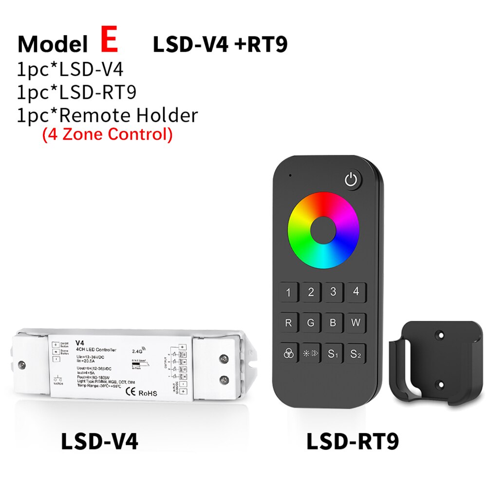 Dimmer 4 Channel LED Strips RGBW Controller V4 with Touch Screen RT4 RGBW Remote Controller RF for DC12V 24V Strips Controller: E Model