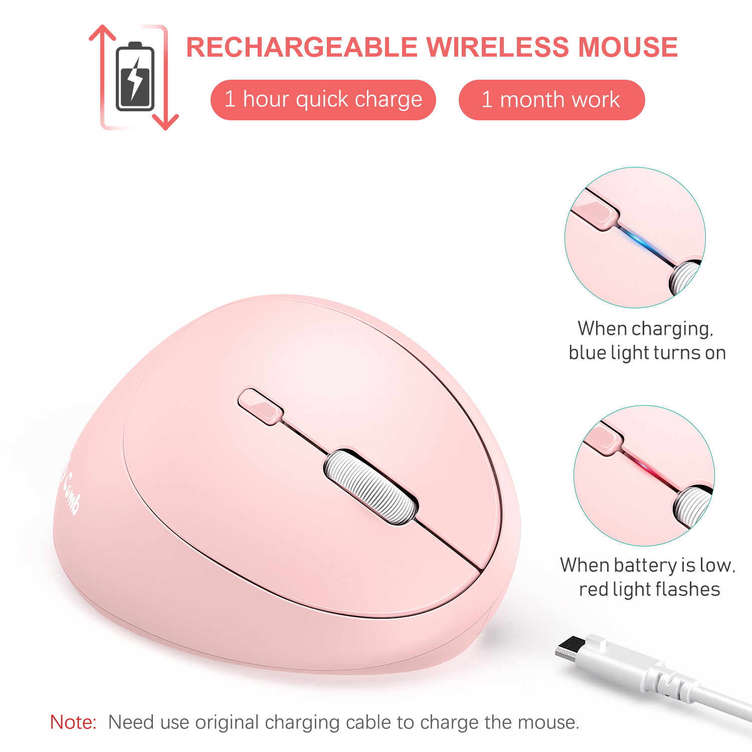 Jelly Kam 2.4Ghz Draadloze Muis Voor Laptop Oplaadbare Ergonomische Verticale Roze Muis Optische Muizen Met 3 Verstelbare Dpi