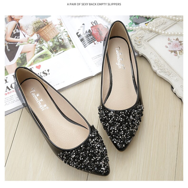 Kvinder ballet sko fritid spring spids ballerina bling rhinestone flats sko prinsesse skinnende krystal bryllup sko: Sort / 4.5