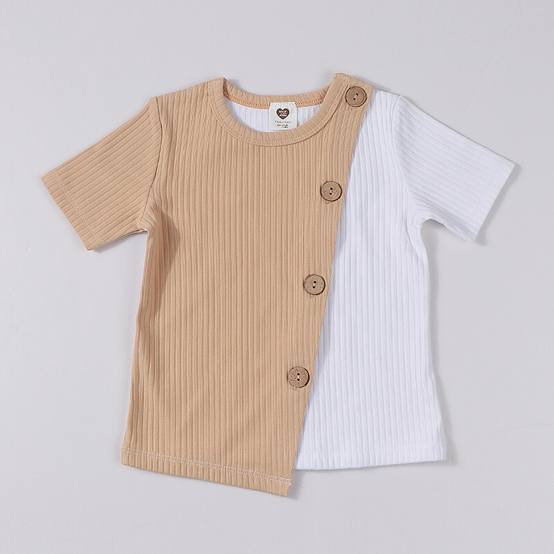 Camiseta de manga corta con cuello redondo para niños y niñas, ropa de , color acanalado: Caqui / 5 años