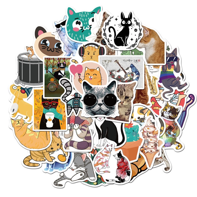 50pcs/lot Cute Cat Sticker Cartoon Kitten Stickers for Laptop Skateboard Fridge Bicycle Waterproof PVC Decal Sticker