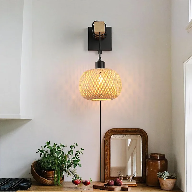 råtnende vegglampe dimbar bryter bambus vegglampe pluggbar vegglampe til soverom stue hotell gjeng hjem restaurant