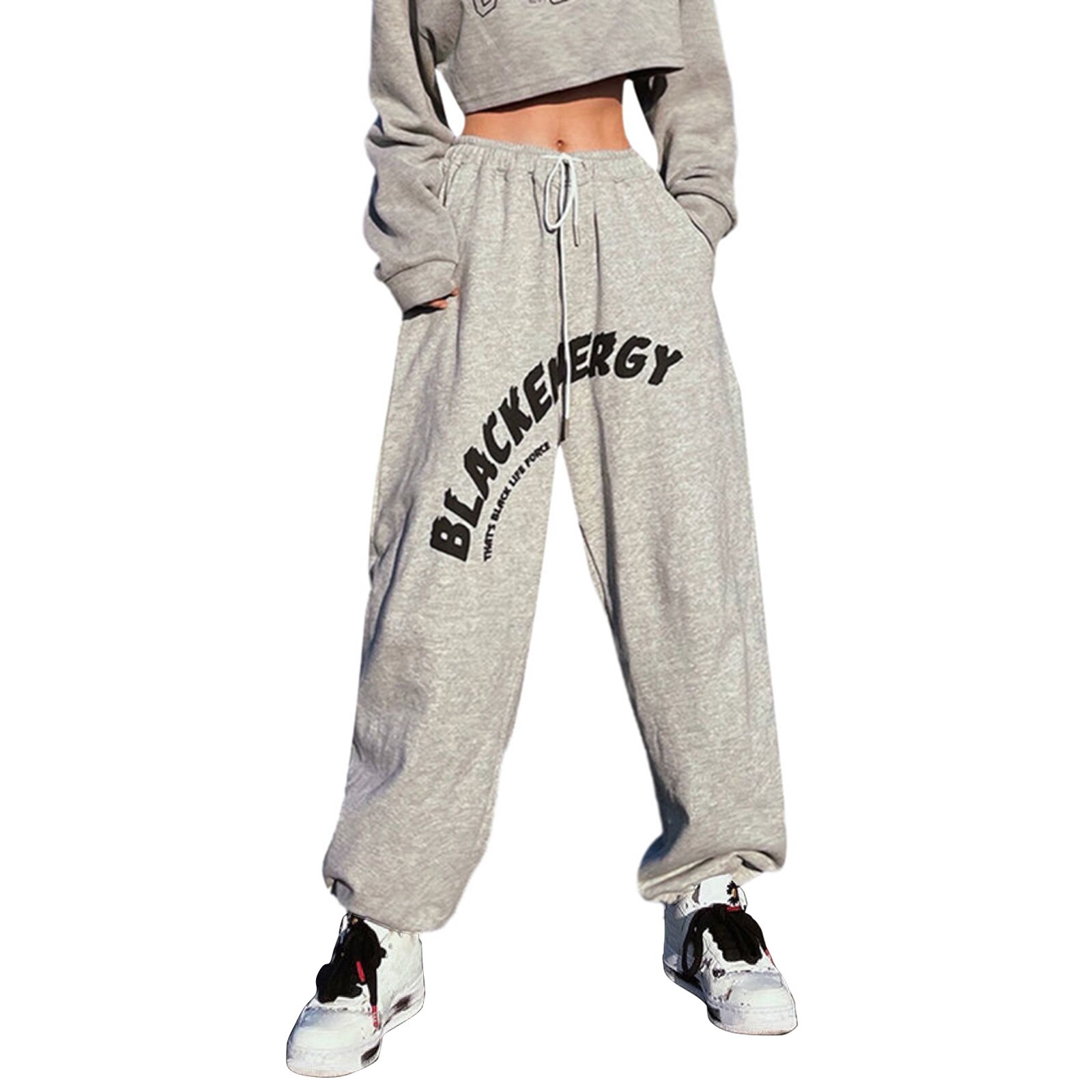 Vrouwen Sportkleding Broek Elastische Taille Harembroek Letters Gedrukt Patroon Losse Stijl Broek, Zwart/Grijs: Xl / A