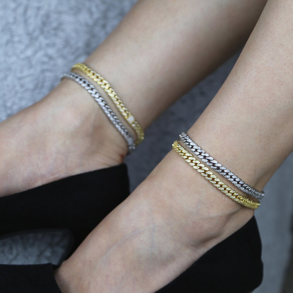 6.5mm width iced out bling cubic zirconia Cuban Chain anklet for women girls hiphop summer beach thin foot chain anklet 9" 10"