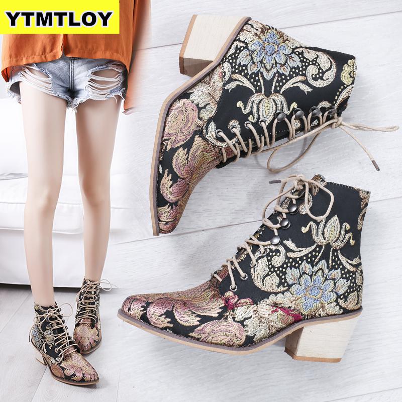 Retro bohemio, botas para mujer, botines estampados, botines de moto Vintage para mujer, novedad , botas de tacón alto bordadas