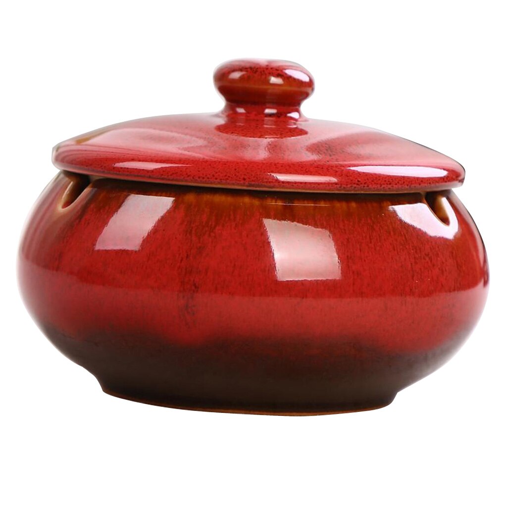 5Colors Garden Ceramic Ashtray with Lid Outdoor Indoor, Height 3.15" Diameter: 4.3": Red