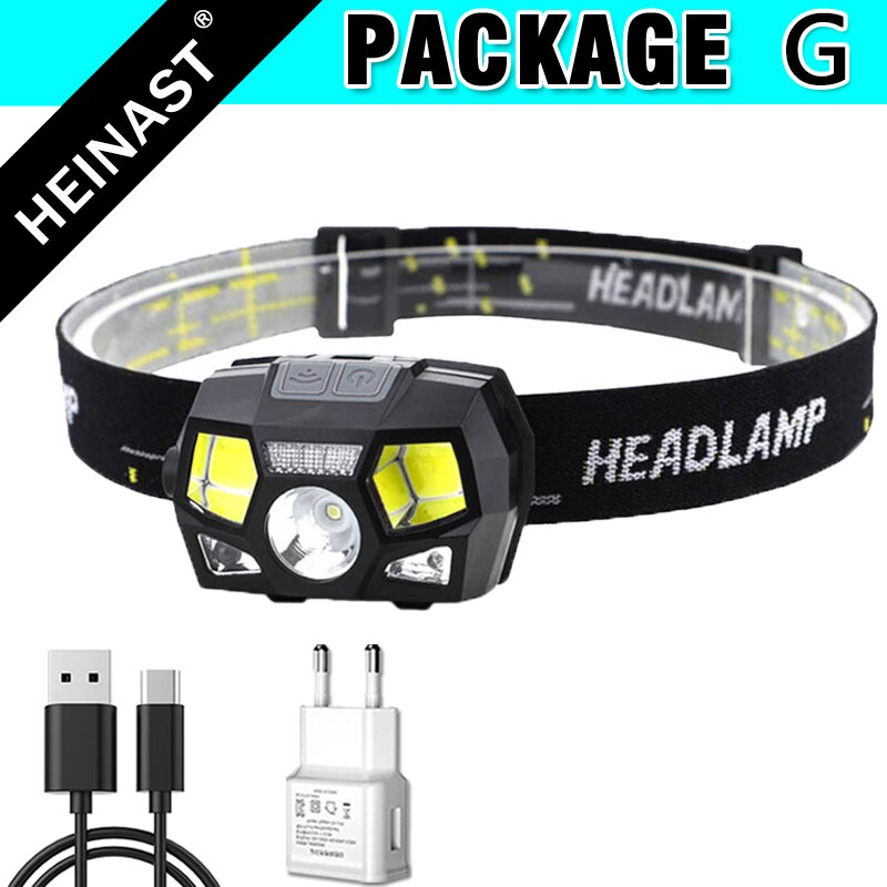 COB LED Headlamp USB Rechargeable Head Lamp with Built-in Battery Motion Sensor Inductive Headlight Multi-Mode Camping Light: G Packing