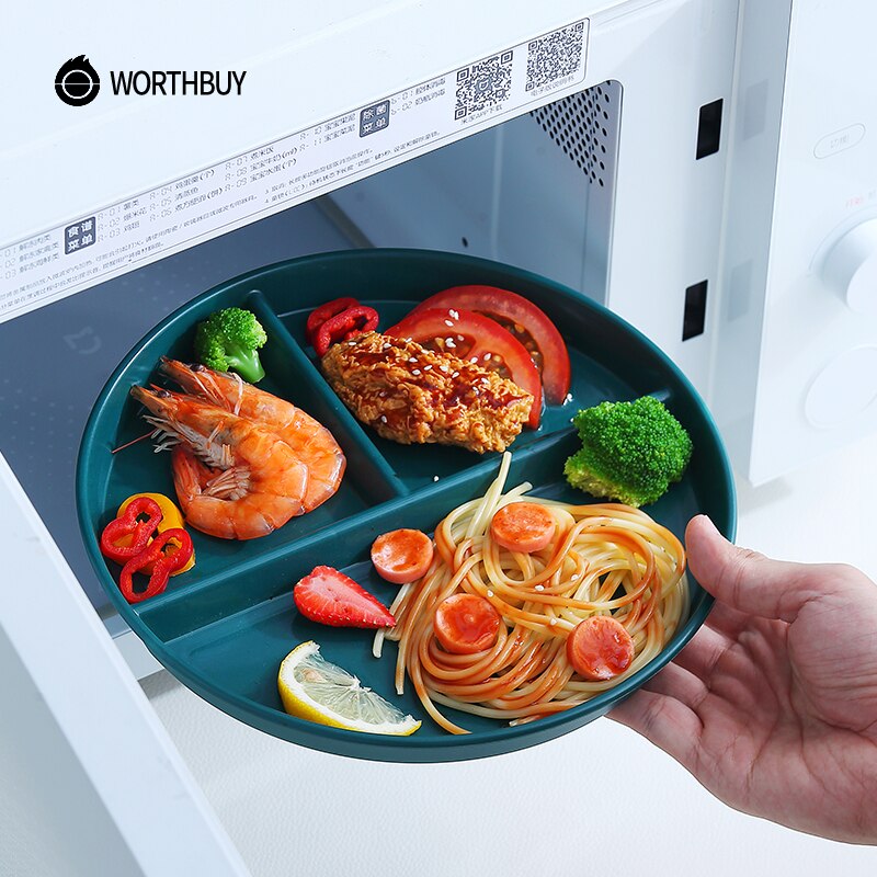 WORTHBUY Compartment Plate For Food Round Plastic Dinner Plates Kitchen Divided Plate Fruit Salad Plate Food Tray Dinnerware