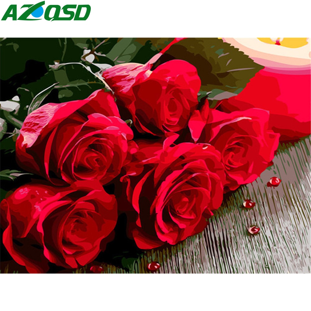 AZQSD Picture Oil Painting By Numbers Red Rose Painting By Number Flower Wall Art Home Decoration Kits Drawing Canvas