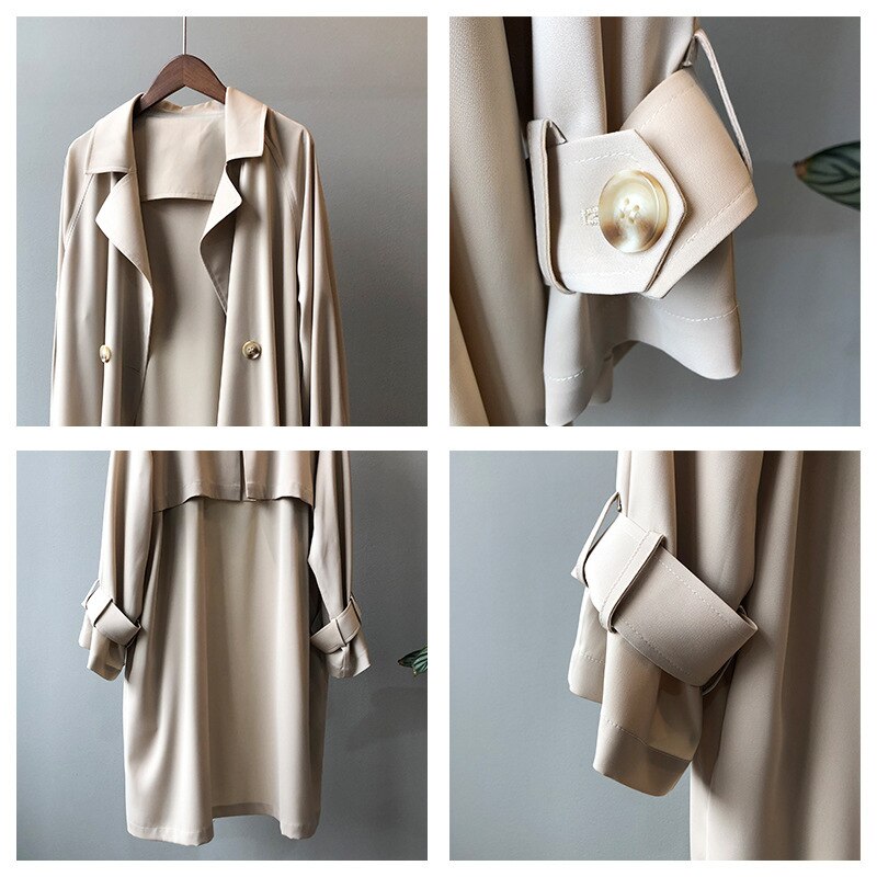 Chiffon Female Trench Coat Autumn Beige Women's Long Trench Solid Color Loose Coat Summer Office Ladies Outerwear Cardigan