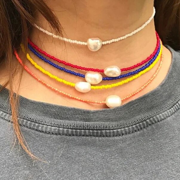 Handgefertigte, schlichte Halsband-halsketten aus natürlichen süßwasserperlen für damen Ich bin Bohemien-boho-stil, sommerlich, farbenfroher perlenschmuck