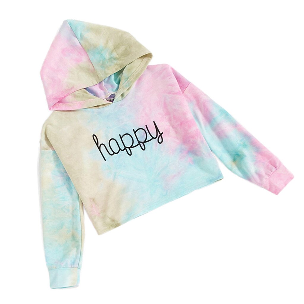 Letter Printed Hoodies Sweatshirts Teen Kids Girls Pullover Multicolor Tie dye Hooded Hoodies Tops Clothes roupa infantil menina: 3T