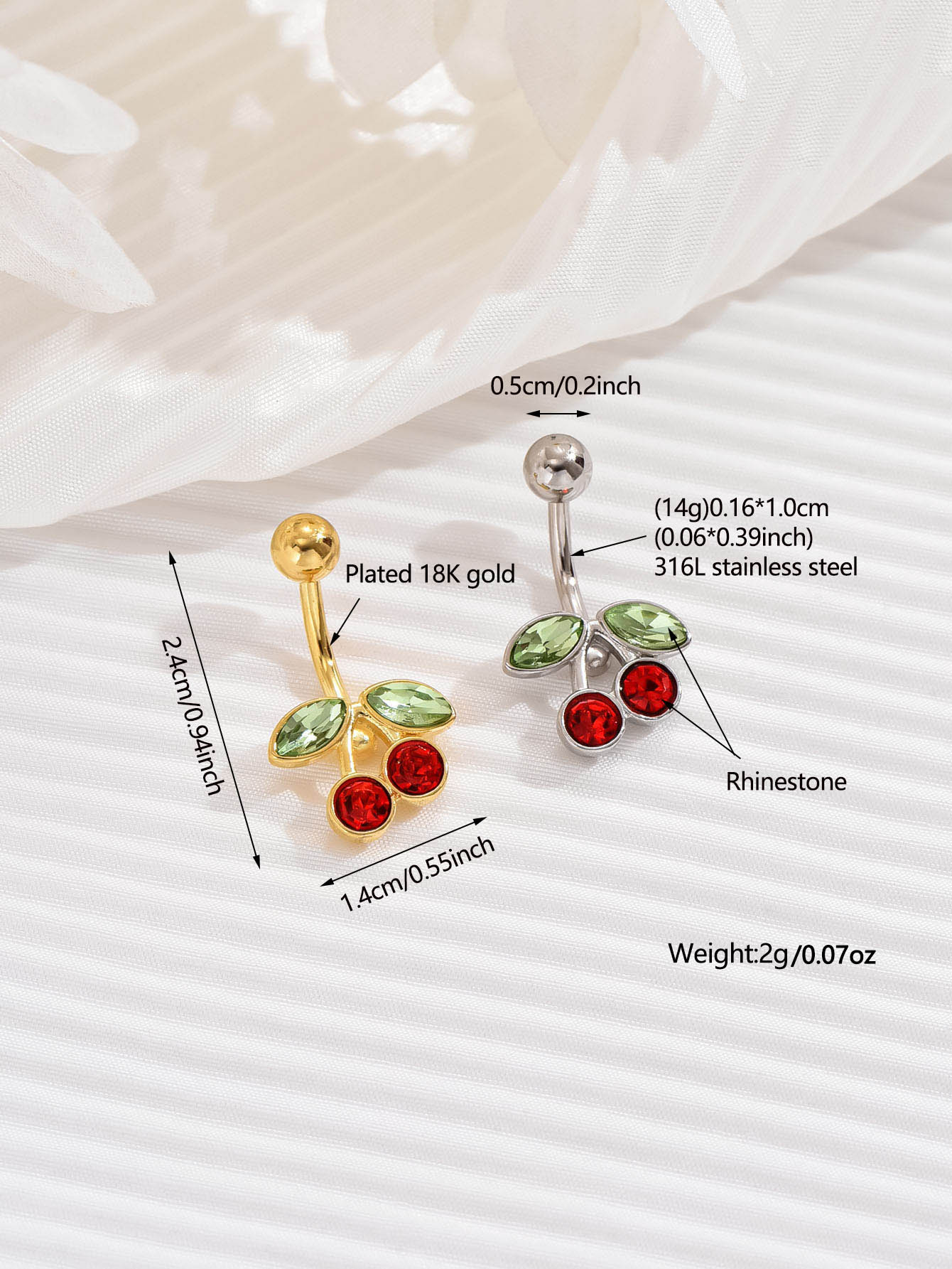 Anillo para ombligo de cereza de oro de 18 quilates chapado en acero quirúrgico bonito de 14G para mujer, Piercing para el ombligo, anillos para ombligo de fruta