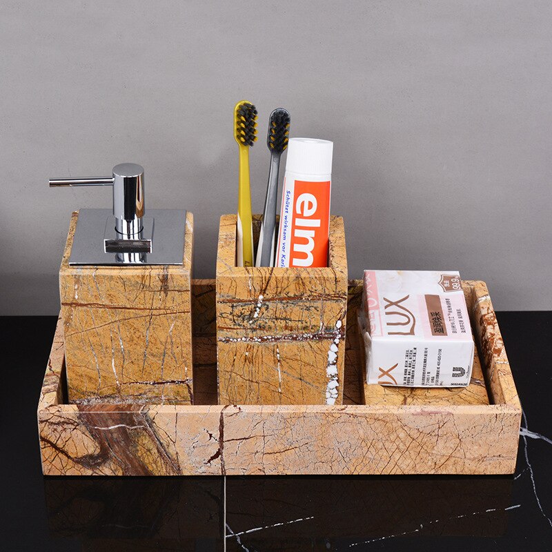 Fancy Brown Natural Marble Bathroom Accessories Sets Luxury Retro Soap Dispenser Toothbrush Holder Soap Dish Bathroom Kit