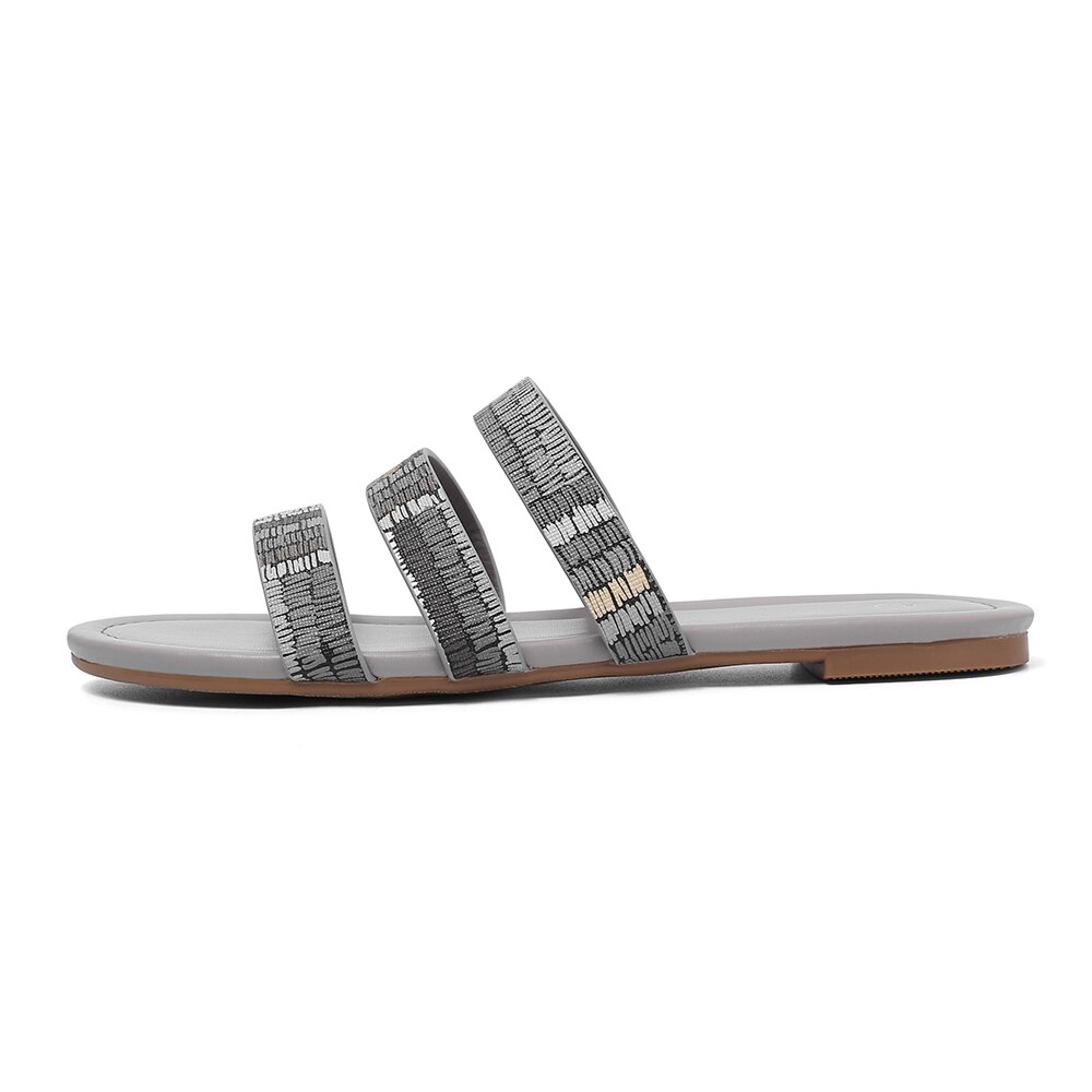Meotina sommartofflor damskor glitter platta skor bling öppen tå slides dam sandaler brun grå stor storlek 36-45