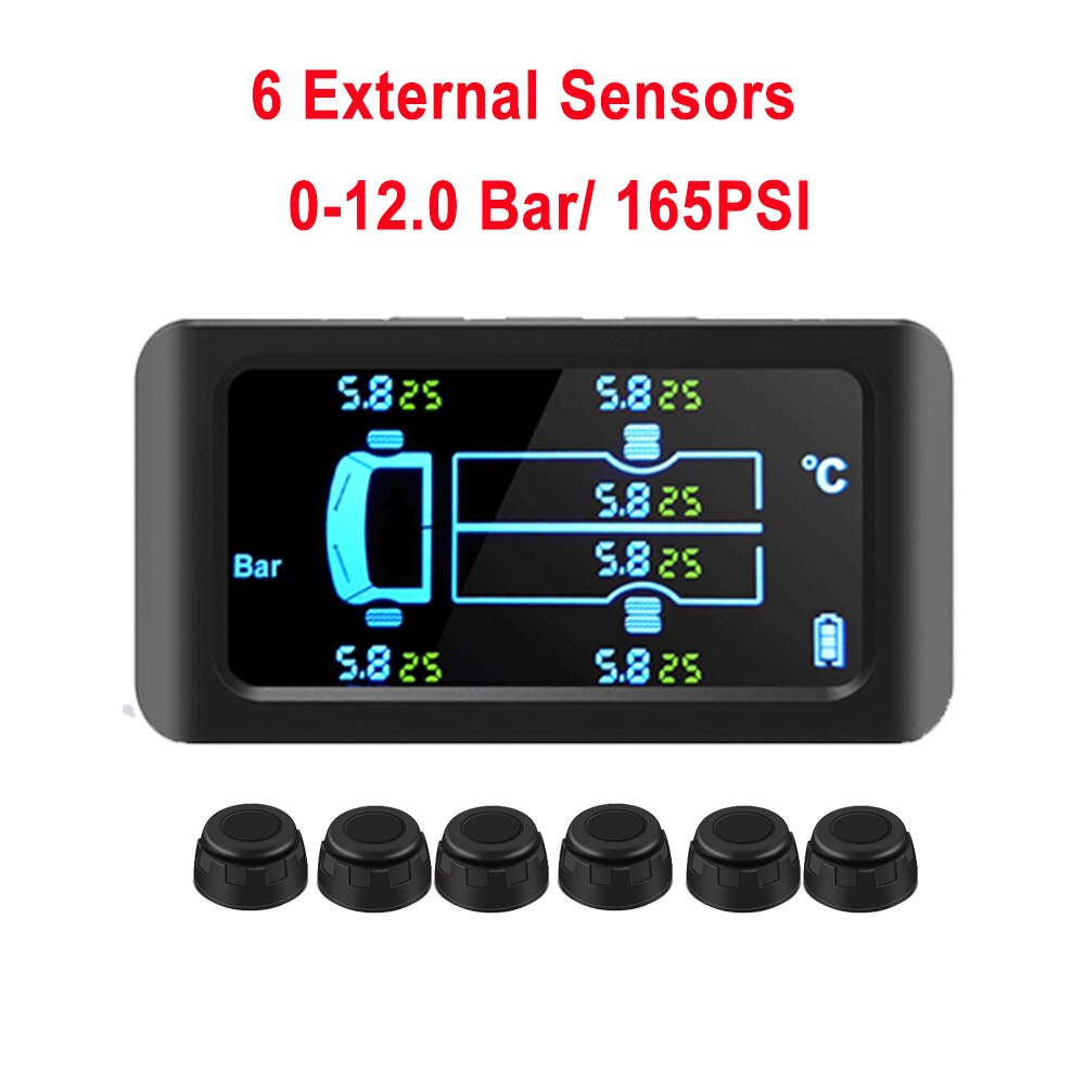 Wireless Truck TPMS Tire Pressure Monitoring System 12.0 Bar 6 External Sensors Car Solar Charging Monitor Tyre Pressure Sensor
