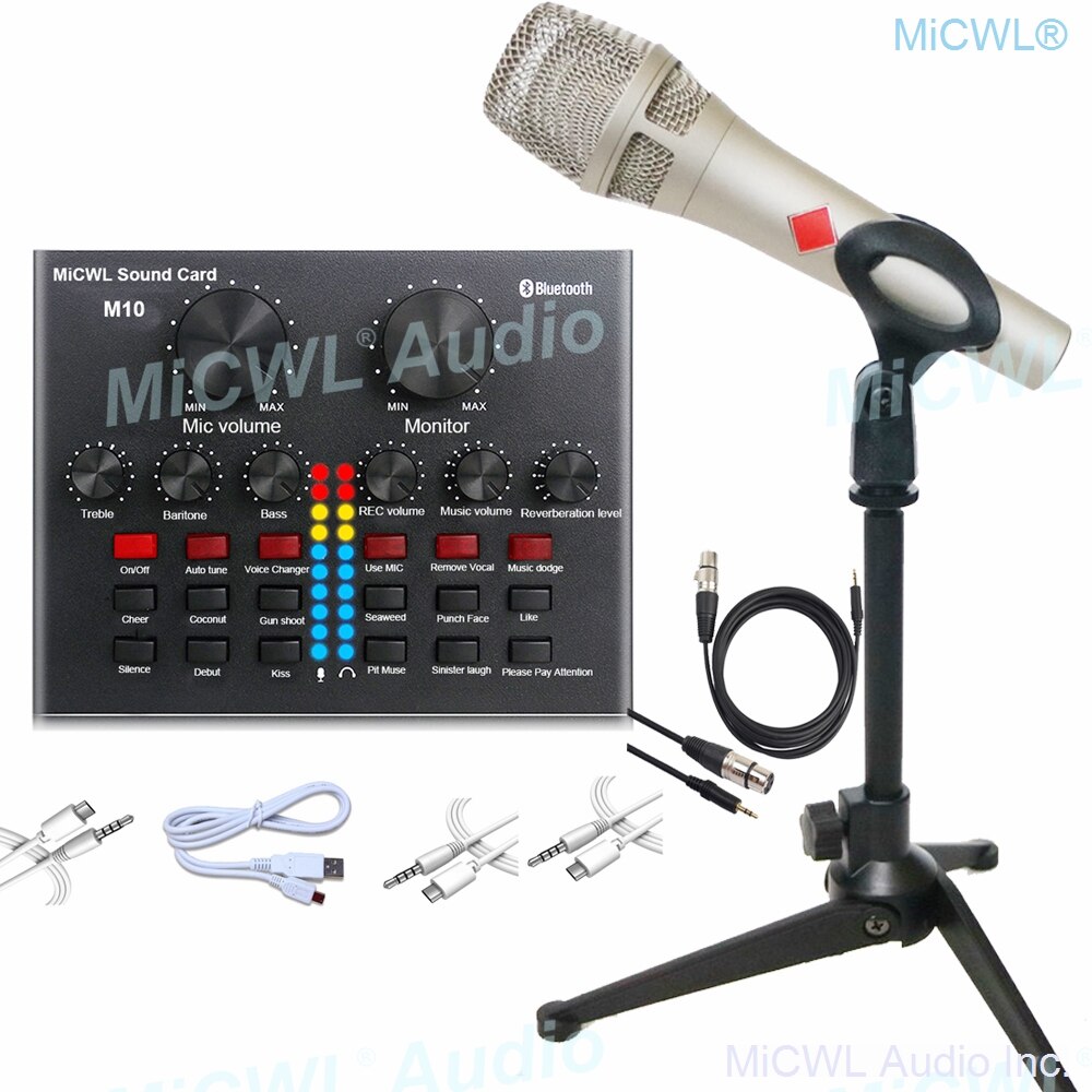 M10 lydkort lyd sæt interface ekstern usb mikrofon live bluetooth funktion forforstærker mixer til computer pc laptop synge: M10 og kms 105 mikrofon