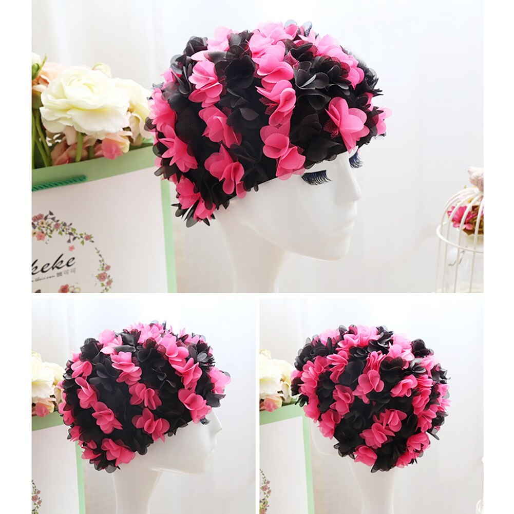 Gorro de natación de flores para mujer, cómodo gorro de piscina transpirable, pétalos tridimensionales elásticos, diadema de pelo largo con forro grande