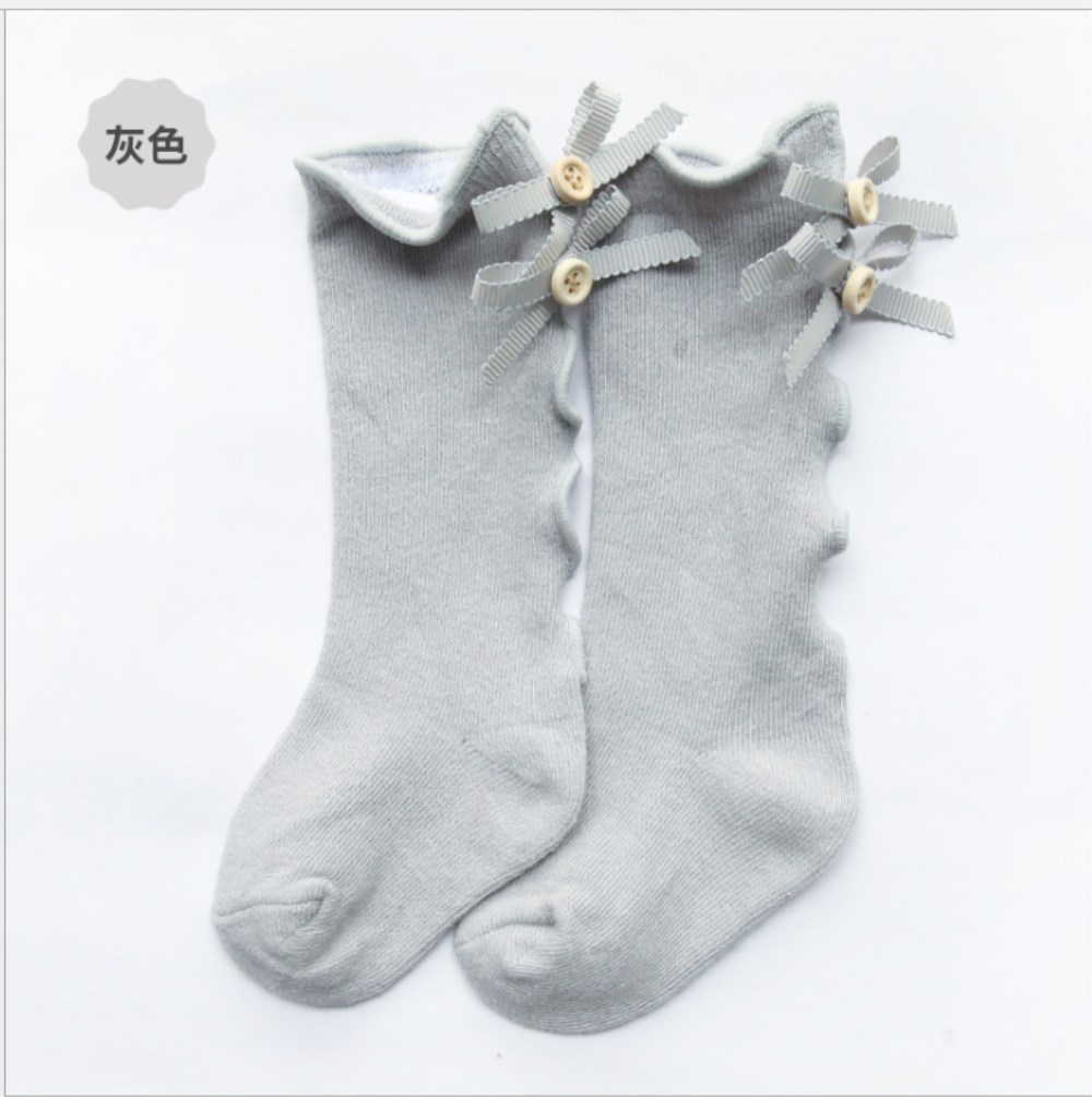 Kids Peuters Meisjes Sokken Grote Boog Knie Hoge Lange Zachte Katoen Kant Baby Solid Herfst Warm Ruches Boog: Grijs / 0-1 Year
