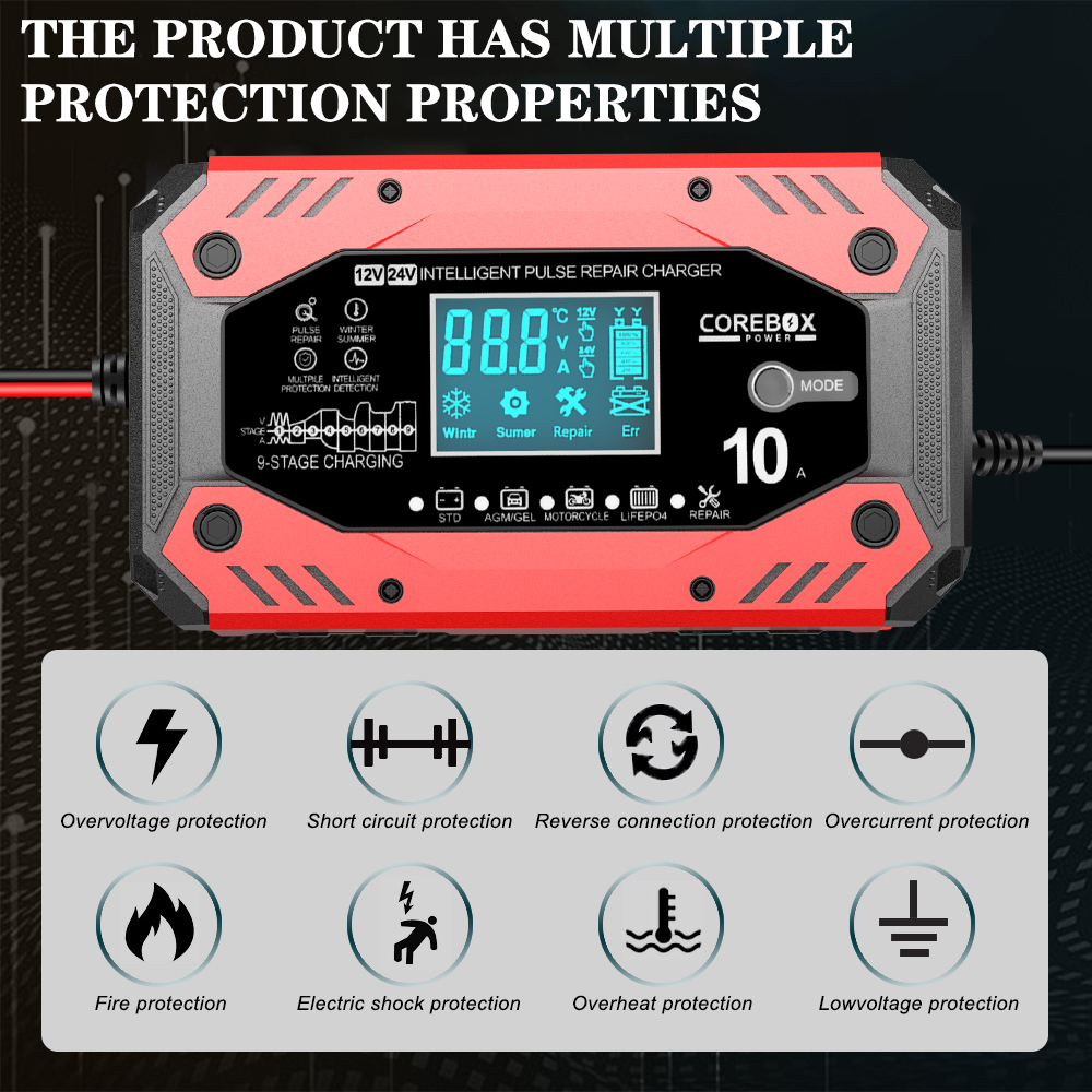 Dispositivos de carga de batería para automóviles y motocicletas Cargador de batería automotriz Mantenimiento inteligente AGM de batería de plomo ácido 12V 10A