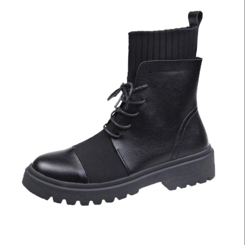 Primavera botas Mujer Zapatos Mujer botas plana redonda PU botines primavera encaje elástico botas negras botas cómodas