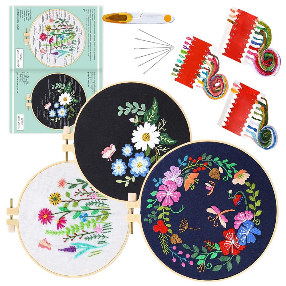 Stamped Embroidery Starter Kit with Embroidery Hoop Flowers Plants Embroidery Threads Tools Kit DIY Sewing Crafts for Starters