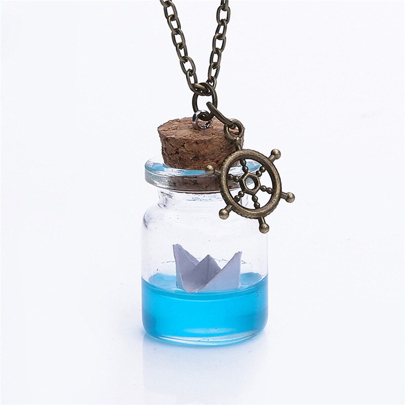 Sea Water Paper Boat Drifting Bottle Necklace Glass Bottle Pendant Necklace Jun0418